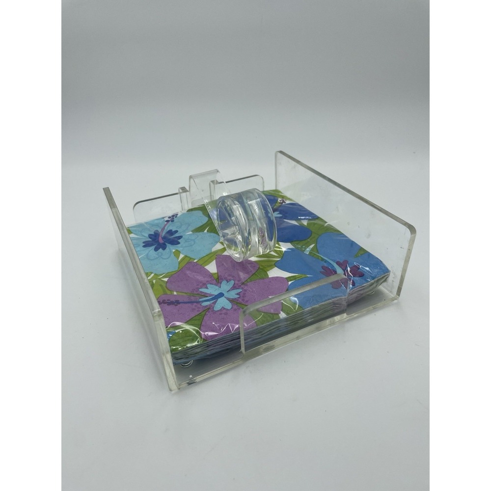 Vintage Acrylic Clear Lucite Luncheon Size Napkin Holder Wind Catcher & Napkins